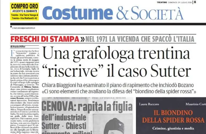 Scuola Grafologica Morettiana - articolo del Trentino e dell'Alto Adige sul piano di rapimento di Lorenzo Bozano - sequestro e omicidio Milena Sutter