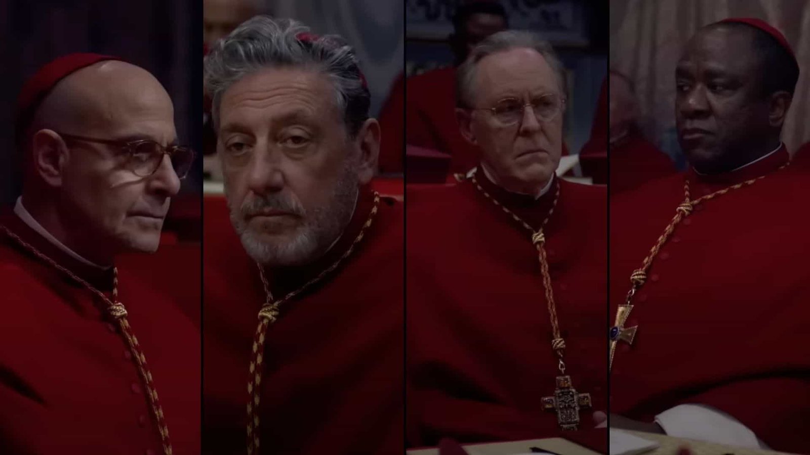 Il cast di Conclave con Stanley Tucci e Sergio Castellito