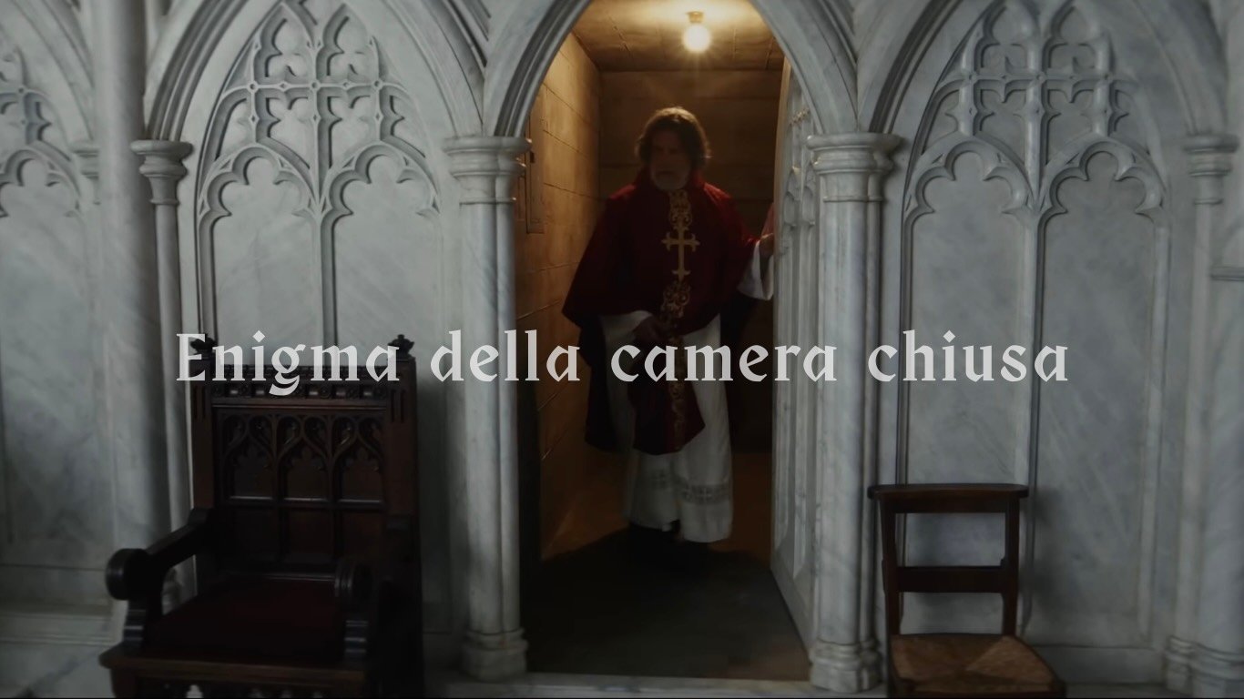 Scena dell'enigma della camera chiusa nella chiesa in Wake Up Dead Man