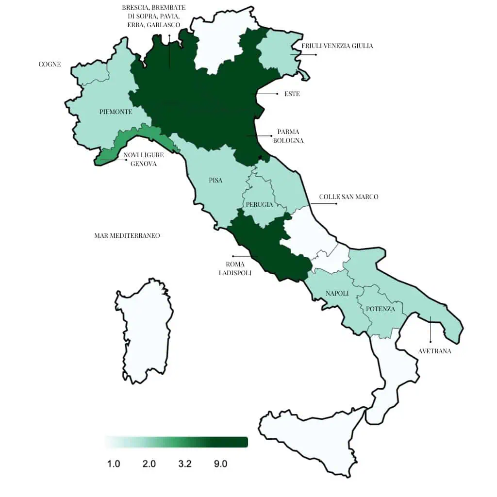 Mappa con le città evidenziate nelle puntate di Indagini